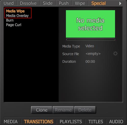 Рисунок 38. Переходы Media Wipe и Media Overlay