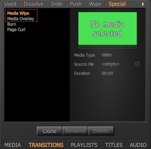 Переходы Media Wipe и Media Overlay