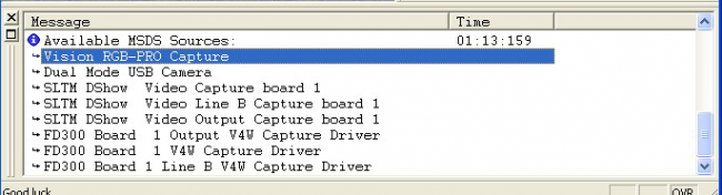 Список видеоисточников для работы через фильтр DirectShow, выводимый в окно Message (Debug Output) при исполнении команды RENDER.DUMP.MSDS.SOURCES=1